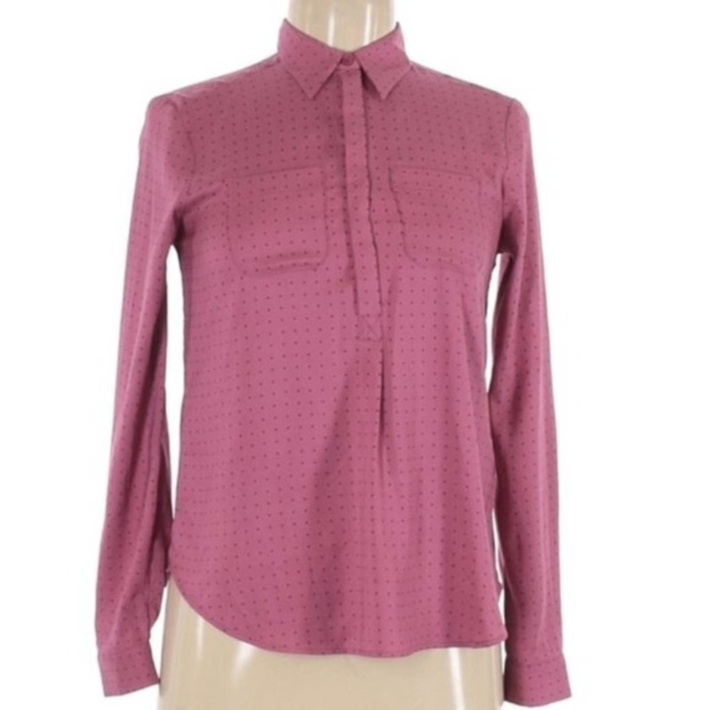 3/$15 Ann Taylor LOFT Purple Black Petite Polka Dot Button Up Long Sleeve Blouse